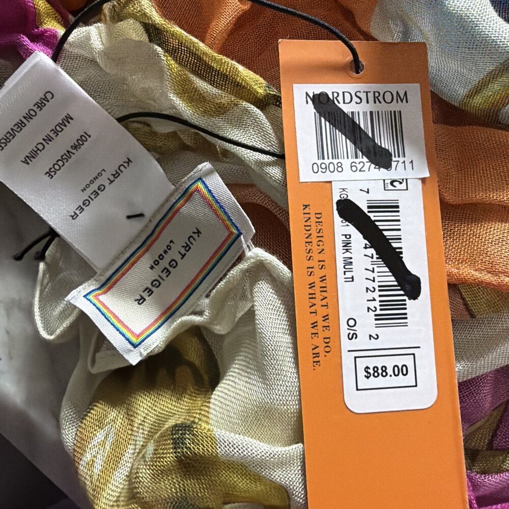 NWT Kurt Geiger London Chain & Stripe Oblong Scarf Pink Multi Floral Gold (AQ23)